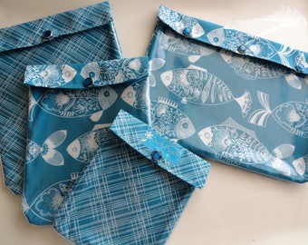 Clearance Sea Blue Fish & Plaid Pouch Set of 4 Clear Front Organizers for Beach Camping Back to School Gift Under 30