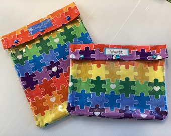 Autism Puzzle Clear Front Ouch Pouch or Personalized Case First Aid Travel Supplies Toy School Backpack Organizer Girls Boys Mom 7x9 or 8x10