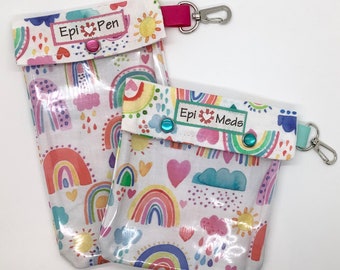 Rainbows & Sunshine Clear EpiPen Carrier with Clip Holds 2+ Allergy/Insulin Injector Pens AuviQ Medication 4 Sizes ID Card Insulation Option