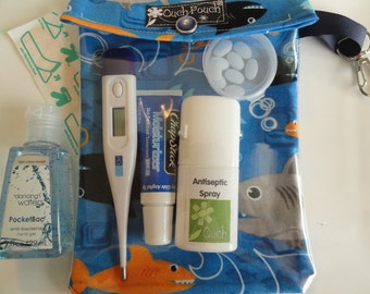 Medium Ouch Pouch with 'CLIP' Attachment Clear First Aid Organizer for School Backpack Holiday Travel Medications (5x7 Shark Attack Fabric)