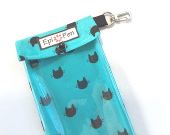 EpiPen Case Black Cats Clear Pocket Metal Swivel Clip Holds Allergy Injector Insulin Pen Glucagon ID Card 4 Sizes Personalize