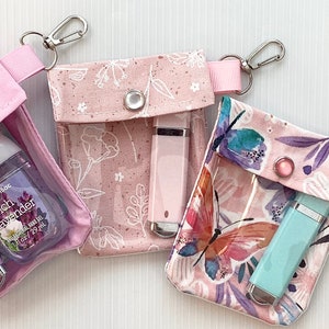 Klare Vorderseite Hand Sanitizer Halter USB-Beutel Schlüsselbund Clip Beutel 3x4 Rosa Stoffe Kleine Hülle Schlüsselanhänger Rucksack Organizer Mädchen Lehrer Schüler