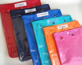 Clear Front Pouch 8x10 Assorted Colors Medications First Aid Kit Inhaler/Spacer Diabetic Case EpiPen Bag Sports Personalize ID Card Included