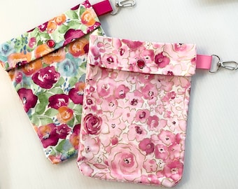 SALE 7 Dollar Pouch (2 Pack) Clear Front w/ Clips Make Up First Aid Hand Sanitizer Travel Toiletries Sunscreen 5x7 Pink Floral Bridesmaid