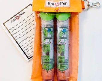 EpiPen Clip Pouch Clear Front Holds 2 Injector Pens Diabetes AuviQ Allergy Medication ID Card Orange Personalize 4 Sizes Assorted Colors