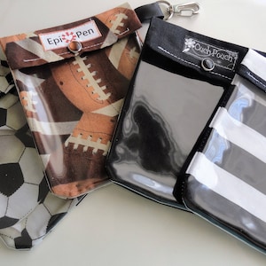 Pochette transparente à l'avant de football, à rayures noires, inhalateur AuviQ, trousse de premiers soins, sac médical, sac à dos pour garçon, organisateur d'école, option de clip 4x5