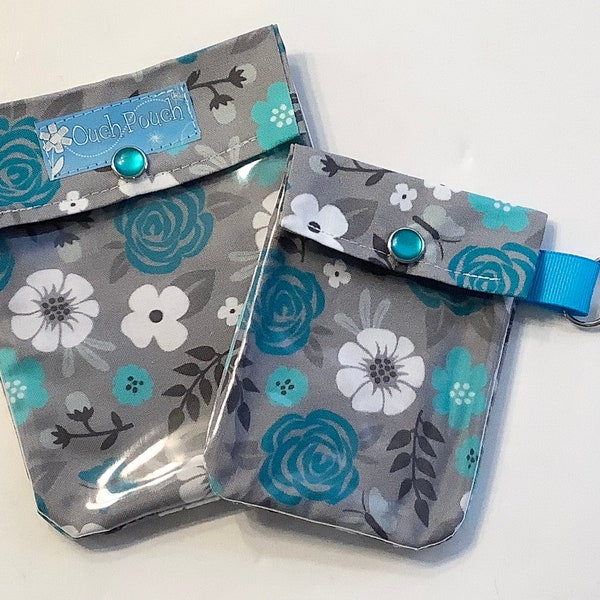 Clear Front Clip Bags Aqua Floral Fabric Ouch Pouch 2 Pack School First Aid Cosmetics Passport Diaper Bag Purse Backpack Inserts 3x4 & 4x5