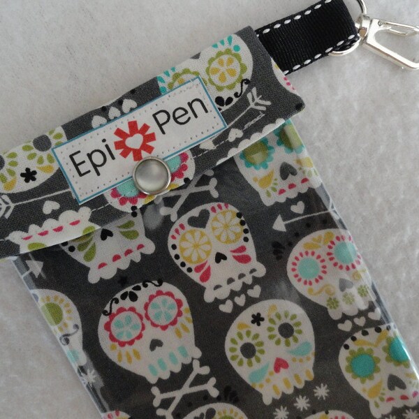 Epi Pen Pouch with Clear Pocket and Clip 4x8 Holds 2 Allergy Injector Pens, ID Card - Bonehead Skulls Fabric