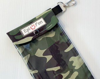 Camouflage EpiPen Carrier with Clear Vinyl Pocket and Clip 4x8 Holds 2+ Allergy Injector Pens AuviQ Insulin Seizure Meds Medical Info Card