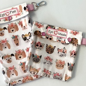 Boho Cats or Dogs EpiPen Case Clear Pocket with Metal Swivel Clip Holds 2 Allergy Injectors / Insulin Pen / AuviQ Medical ID Card 4 Sizes