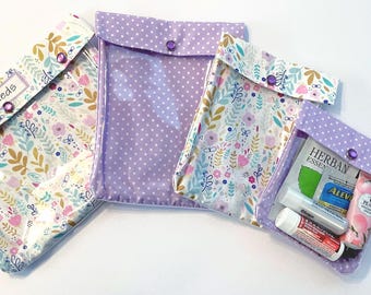 Clear Front Wildflowers / Polka Dots Ouch Pouch Set of 4 Travel Tote Organizers Baby Diaper Bag Purse First Aid Toiletries Medical Holder