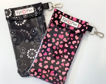 Coral Hearts or Black Floral EpiPen Case (1) Clear Pocket Clip Pouch Holds 2 Allergy Pens Medical ID Card Girls 4 Sizes