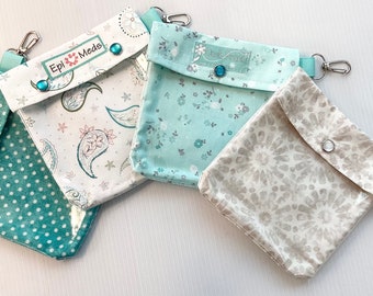 Clear Front Clip Pouch (1) 5x5 Aqua / Cream Floral Diaper Bag Purse First Aid Cosmetic AuviQ Epipen Inhaler Hand Sanitizer Tote Personalize