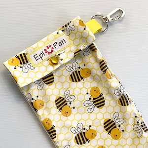 Bees Fabric EpiPen Pouch with Clear Front and Metal Swivel Clip Holds Allergy Injectors / Insulin 4 Sizes