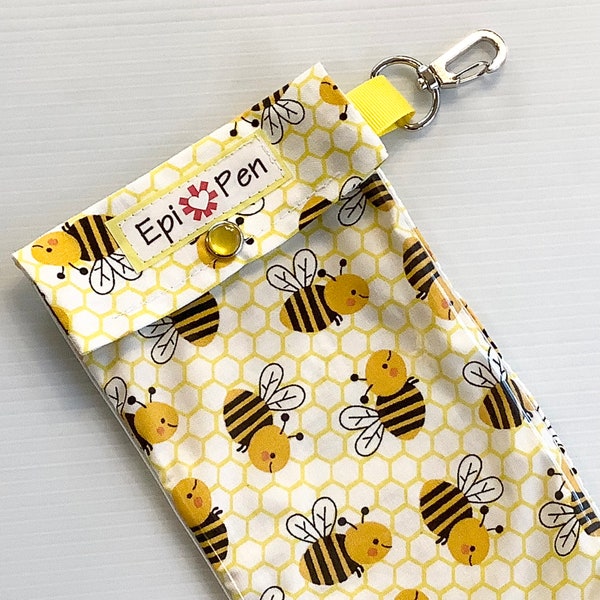Clearance Bees Fabric EpiPen Pouch with Clear Front and Metal Swivel Clip Holds Allergy Injectors / AuviQ / Flex Pen Insulin 4 Sizes