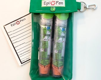EpiPen Carrier Clear Pocket / Clip Holds 2 Injector Pens Diabetes AuviQ Allergy Medication ID Card Green Personalize 4 Sizes Assorted Colors