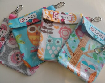 Inhaler or Auvi Q Pouch Clear Front W/ Clip Holds 1-2 Asthma Puffer or Square Epi Medication 4x5 Your Choice Owl Fabric