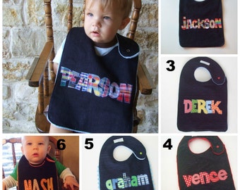 Personalized Toddler Denim Bibs for Boys with Applique name in the colors of your choice by Tried and True Designs on Etsy