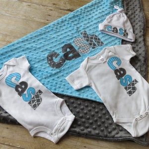 Baby Boy Coming Home Outfit Baby Gown or Bodysuit, Hat & Minky Blanket Personalized Newborn Gift Set Baby Bring Home Outfit Name Gown image 7