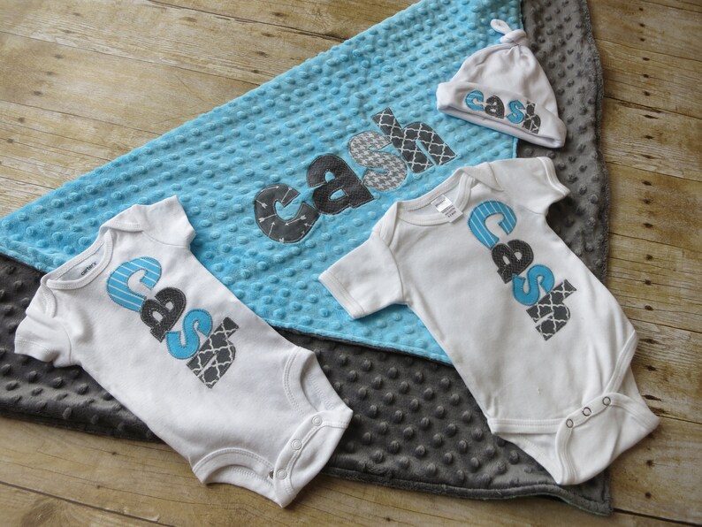 Baby Boy Coming Home Outfit Baby Gown or Bodysuit, Hat & Minky Blanket Personalized Newborn Gift Set Baby Bring Home Outfit Name Gown image 7