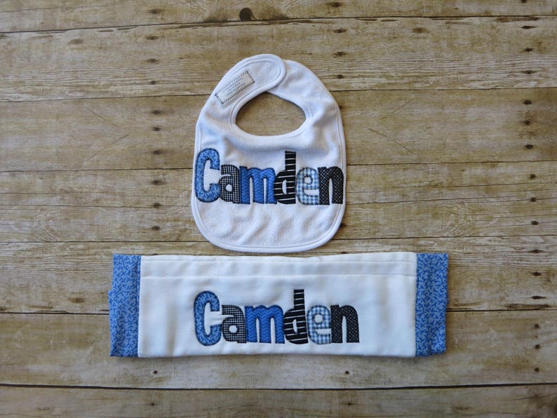 Personalized Baby Bib Appliquedblue and blackBaby Boy BibBaby Shower GiftBaby Name AnnouncementDrool Bibbaby boy giftnewborn