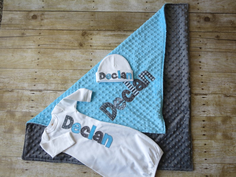 Baby Boy Coming Home Outfit Baby Gown or Bodysuit, Hat & Minky Blanket Personalized Newborn Gift Set Baby Bring Home Outfit Name Gown image 5