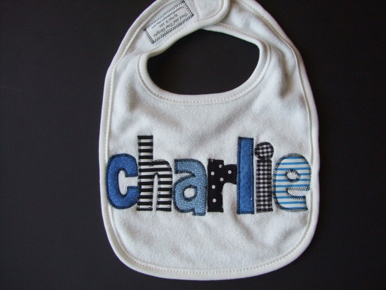 Personalized Baby Bib Appliquedblue and blackBaby Boy BibBaby Shower GiftBaby Name AnnouncementDrool Bibbaby boy giftnewborn