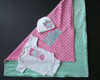 Baby Coming home outfit - personalized bodysuit or baby gown, beanie cap, and minky blanket in your choice of colors with opal mint green