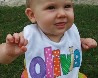 Personalized Bib Appliqued in your choice of colors for baby by Tried and True Designs on Etsy