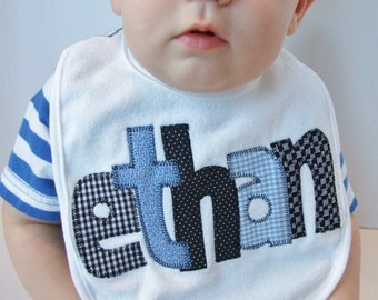 Personalized Baby Bib Appliqued//blue and black//Baby Boy Bib//Baby Shower Gift//Baby Name Announcement//Drool Bib//baby boy gift//newborn