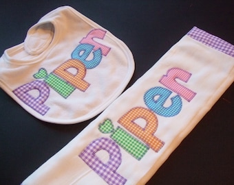 Bib, burp cloth or bib & burp set - personalized in your choice of colors - baby shower gift - appliqued with name