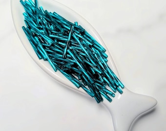 Vintage Blue Zircon Glass Bugle Beads, 30mm