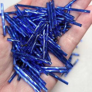 Sapphire Blue Twisted Bugle Beads, 30mm