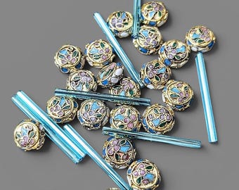 Pink, Blue, Gold Cloisonne Coin Bead Pairs