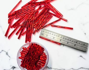 Vintage Bright Red Twisted Bugle Beads, 30mm