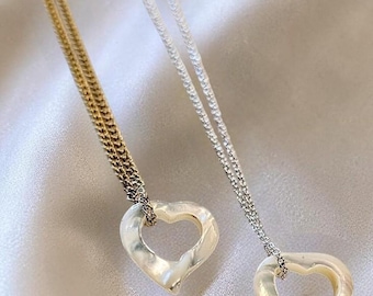 Mother-of-Pearl Open Heart Charm Necklace, Silver or Gold
