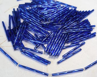 Sapphire Blue Twisted Bugle Beads, 30mm