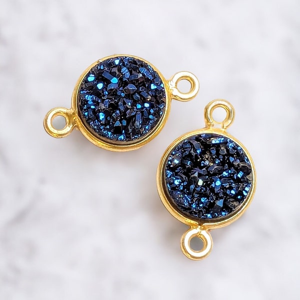 Blue Druzy 2 Ring Connector, Vermeil