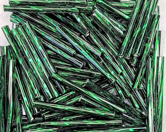 Green Twisted Glass Bugle Beads, 25mm