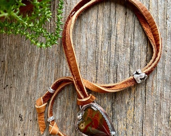 Leather Necklace With Caressite Jasper Heart Pendant, Adjustable Necklace, Artisan Jewelry, Heart Pendant, Leather Jewelry