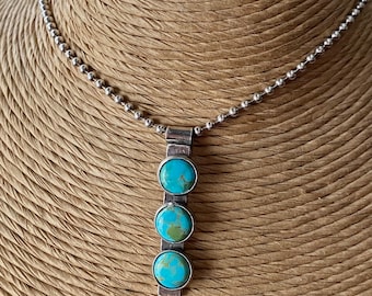 Turquoise and Sterling Silver Necklace / Sterling Ball Chain / Statement Jewelry / Southwest Style / Artisan Jewelry / Triple Stone Pendant