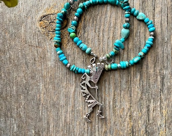 SALE Turquoise Necklace With Silver Kokopelli Pendant, Southwestern Style Jewelry, Bohemian Jewelry, Rustic Jewelry, Artisan Jewelry