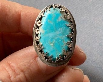 SALE Artisan Handmade Turquoise Silver Ring, Kingman Mine Turquoise, Handmade Silver Fire Bezel, Rustic Jewelry, Statement Ring