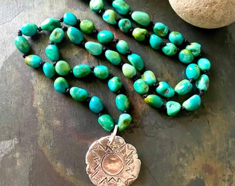 Knotted Turquoise and Fine Silver Necklace, Emerald Valley Turquoise, Artisan Jewelry, Bohemian Jewelry,  Hand Knotted Silk, Bohochic Style