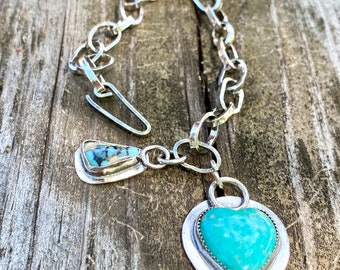 Turquoise and Sterling Silver Chain Bracelet / Handmade Silver Chain / Artisan Jewelry / Handmade Bracelet / Carico Lake Turquoise