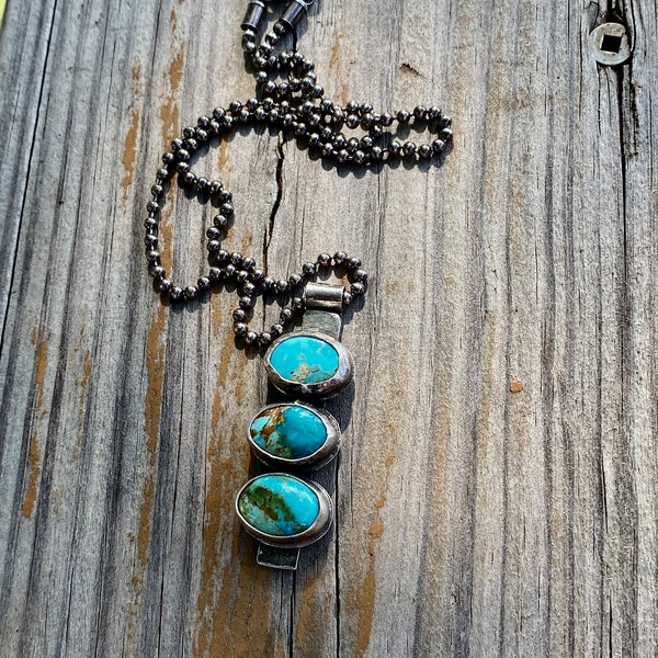 Triple Kingman Mine Turquoise and Sterling Silver Necklace / Sterling Ball Chain / Statement Jewelry / Southwest Style / Artisan Jewelry