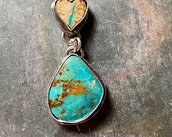 Rising Phoenix Turquoise and Sterling Silver Necklace / Royston Ribbon Heart / Double Pendant / Southwest Style / Artisan Jewelry