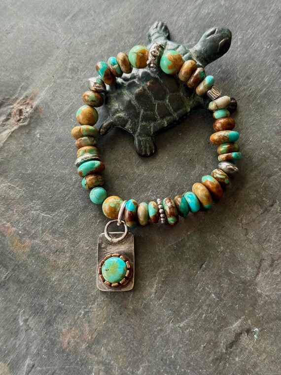 Turquoise and Artisan Silver Stretch Bracelet, Kingman Boulder