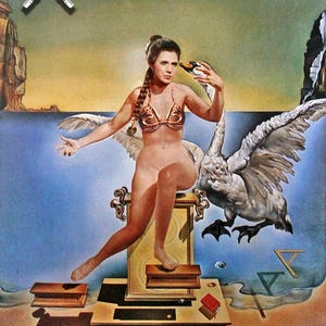 Puede incluir: Obra de arte surrealista que presenta a una mujer con un top de bikini dorado, sentada sobre una estructura con un cisne. La imagen incluye el texto "MEMERATOR" y dos sables de luz cruzados. El fondo representa un paisaje costero con cielo azul.