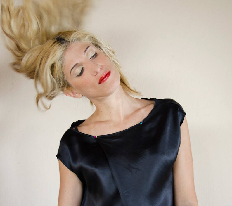 White Top Silver Blouse Available in Plus sizes and Many Colors Satin Asymmetric Blouse Black Silk Top